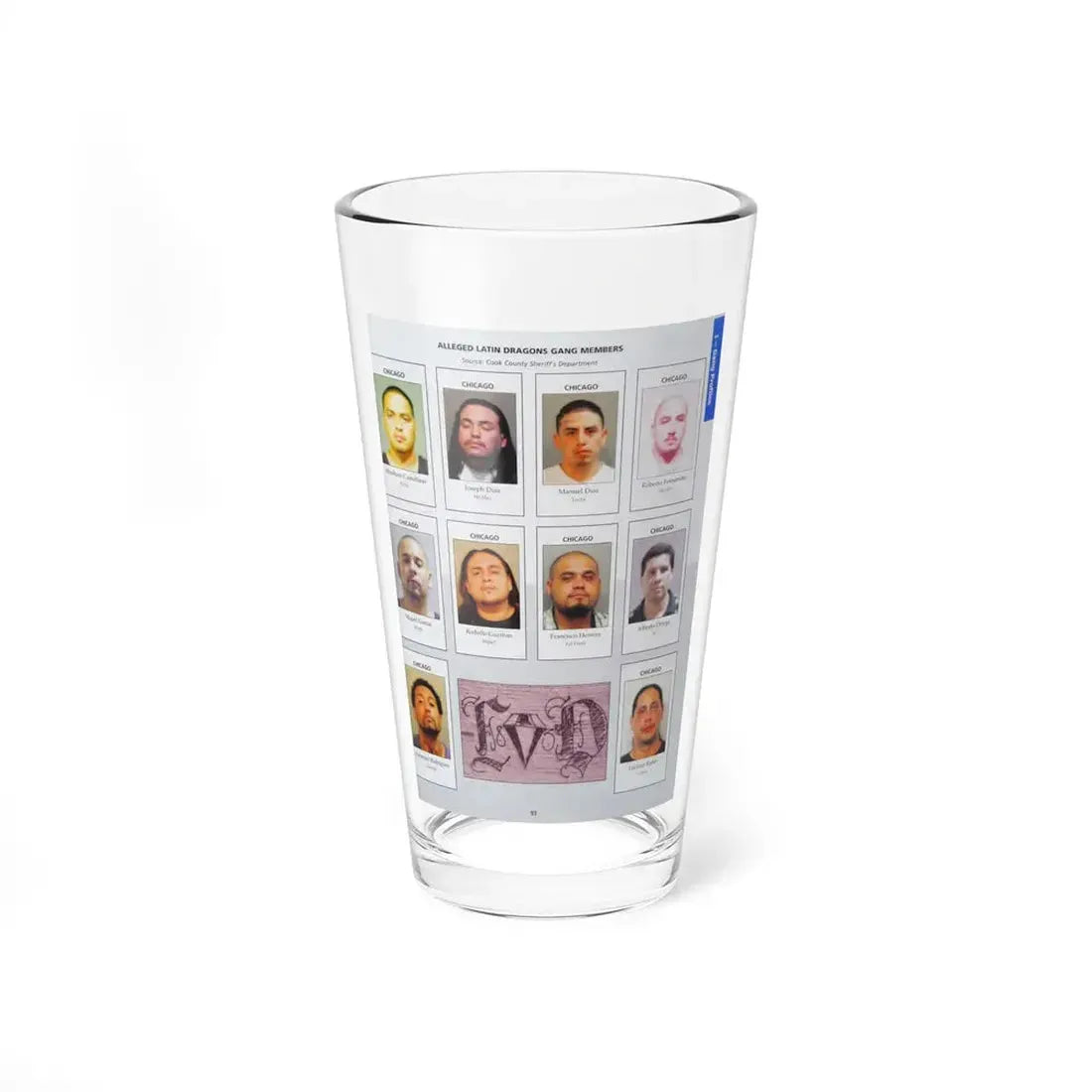 The Chicago Gang Book Page 93 - Latin Dragons Members (Rocko, He Man, Lucky, Murder, Negro, Impact, Fat Frank, Squeaky, Chano) - Pint Glass 16oz - Go Mug Yourself