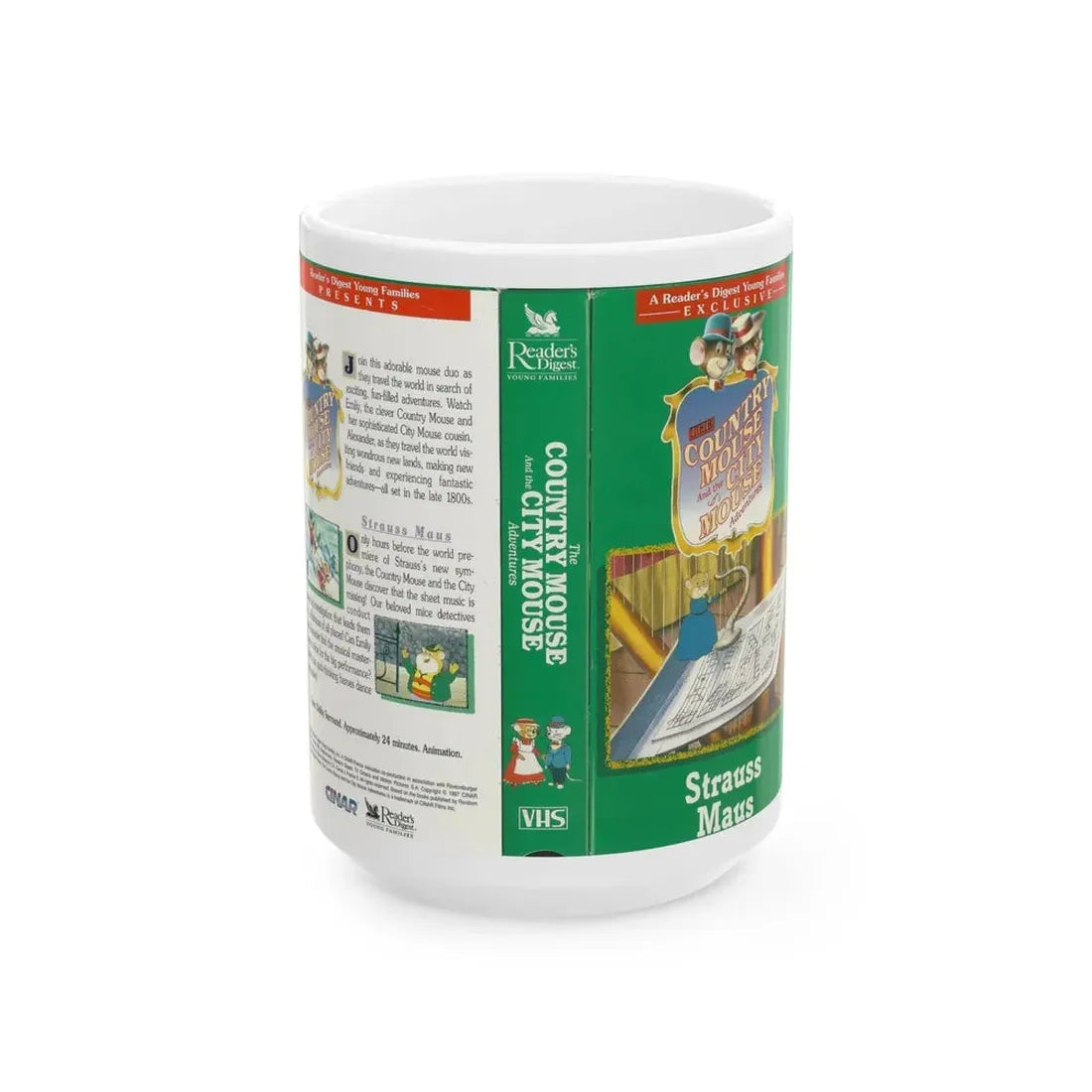 THE COUNTRY MOUSE AND THE CITY MOUSE ADVENTURES STRAUSS MAUS (VHS COVER) - White Coffee Mug 15oz - Go Mug Yourself