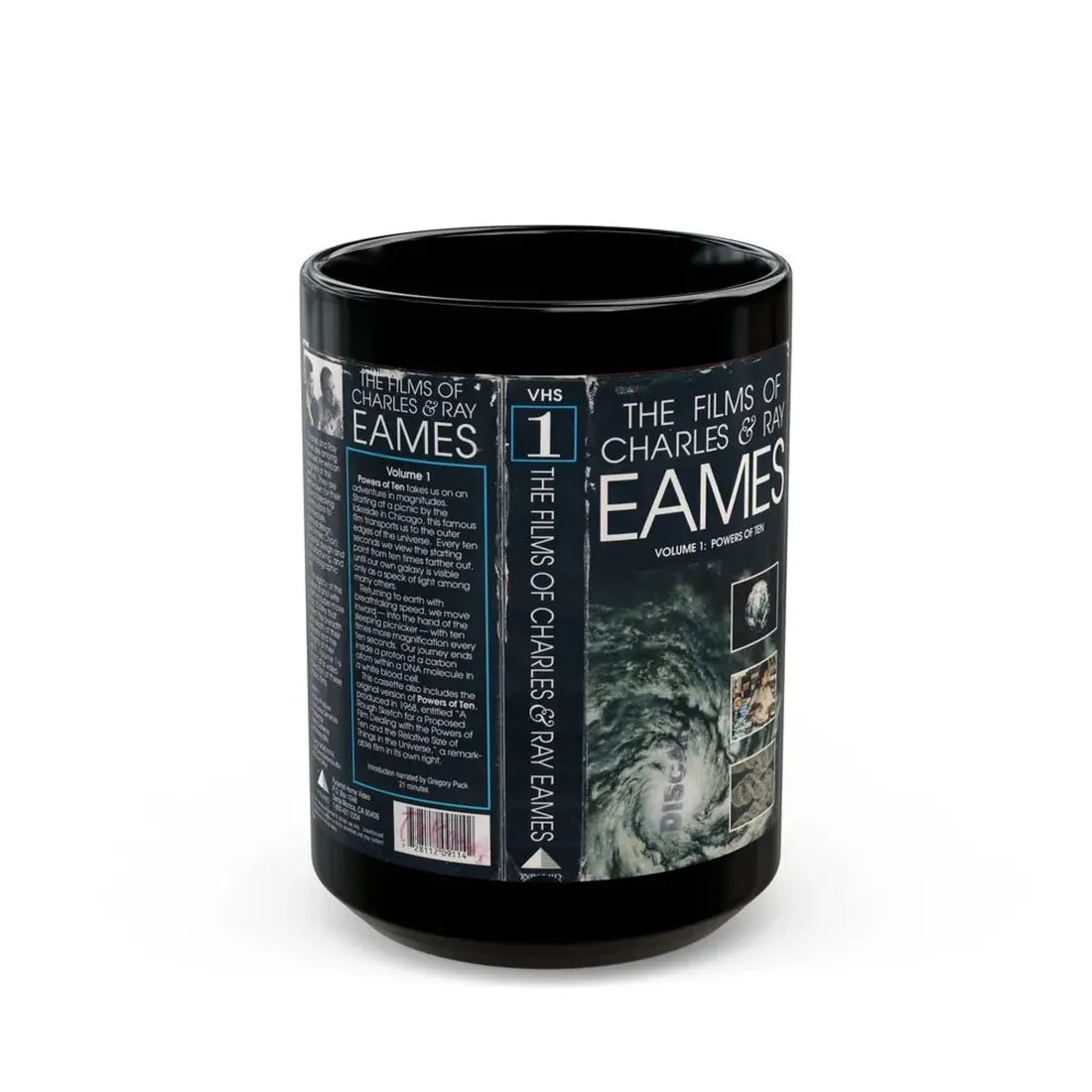 THE FILMS OF CHARLES AND RAY EAMES VOLUME 1 POWERS OF TEN (VHS COVER) - Black Coffee Mug 15oz - Go Mug Yourself