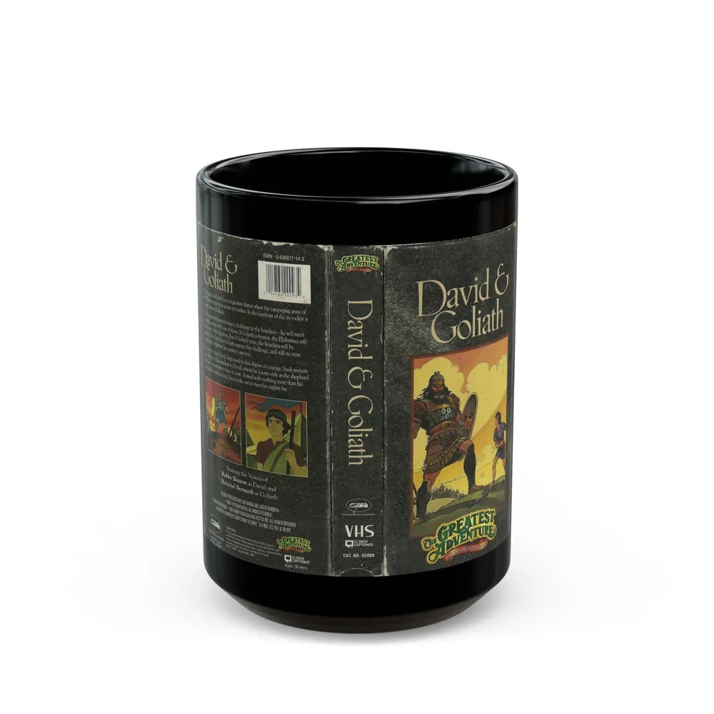 THE GREATEST ADVENTURE STORIES OF THE BIBLE DAVID AND GOLIATH (VHS COVER) - Black Coffee Mug-15oz-Go Mug Yourself