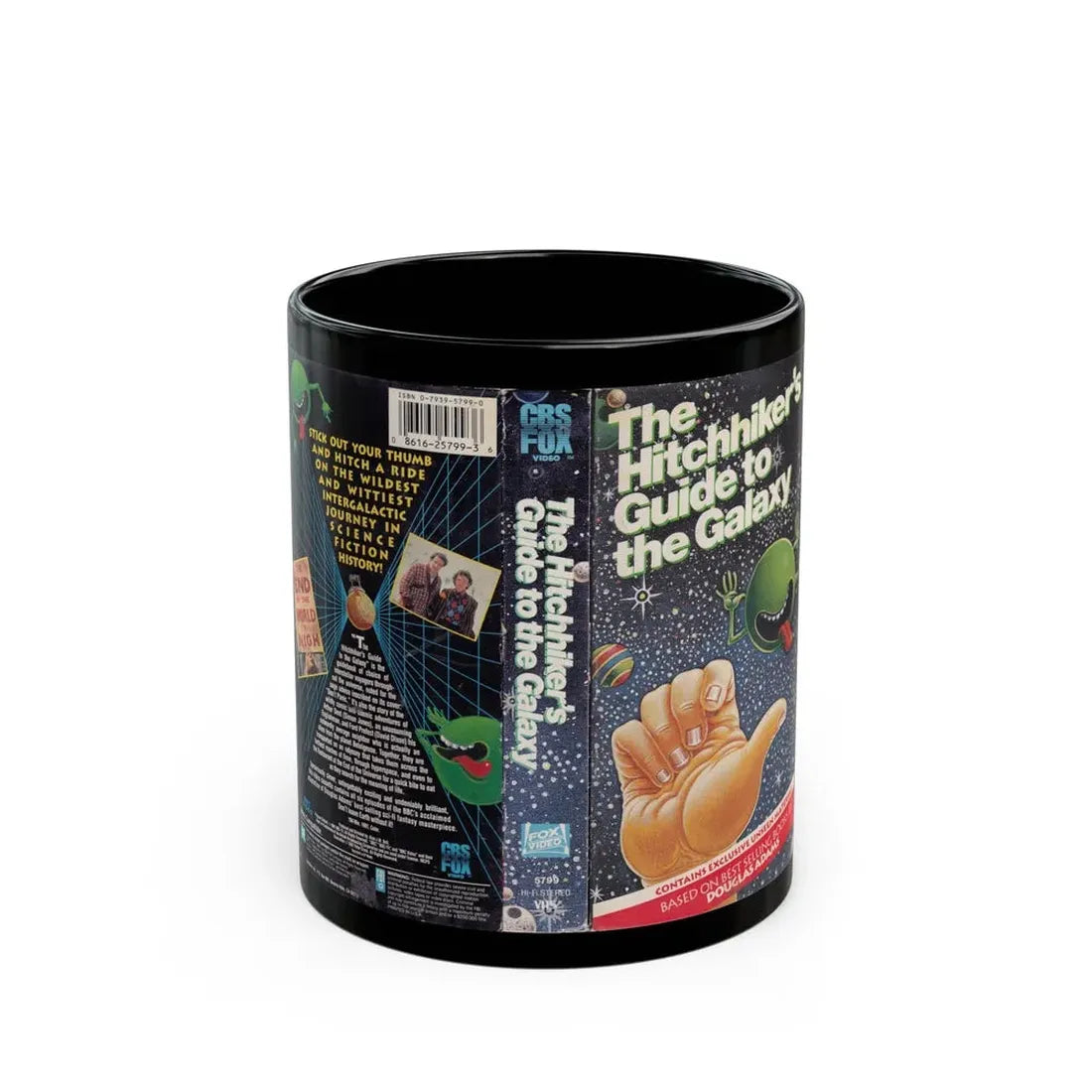 THE HITCHHIKERS GUIDE TO THE GALAXY (VHS COVER) - Black Coffee Mug 11oz - Go Mug Yourself