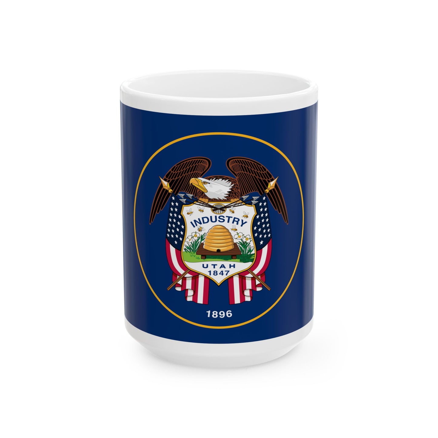 The new 2024 version of the Utah Historic State Flag or U.S.S. Utah version (United States) White Coffee Mug-15oz-Go Mug Yourself