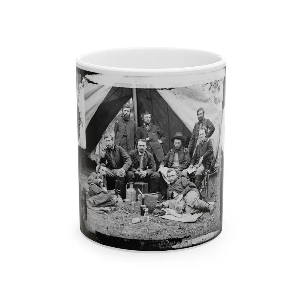 The Peninsula, Va. The Staff Of Gen. Fitz-John Porter; Lts. William G. Jones And George A. Custer Reclining (U.S. Civil War) White Coffee Mug-11oz-Go Mug Yourself