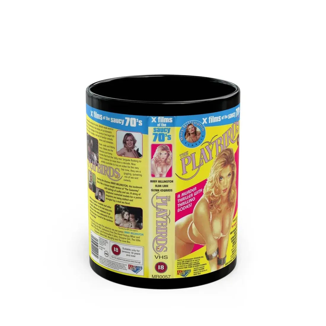 THE PLAYBIRDS X FILMS OF THE SAUCY 70S (VHS COVER) - Black Coffee Mug 11oz - Go Mug Yourself