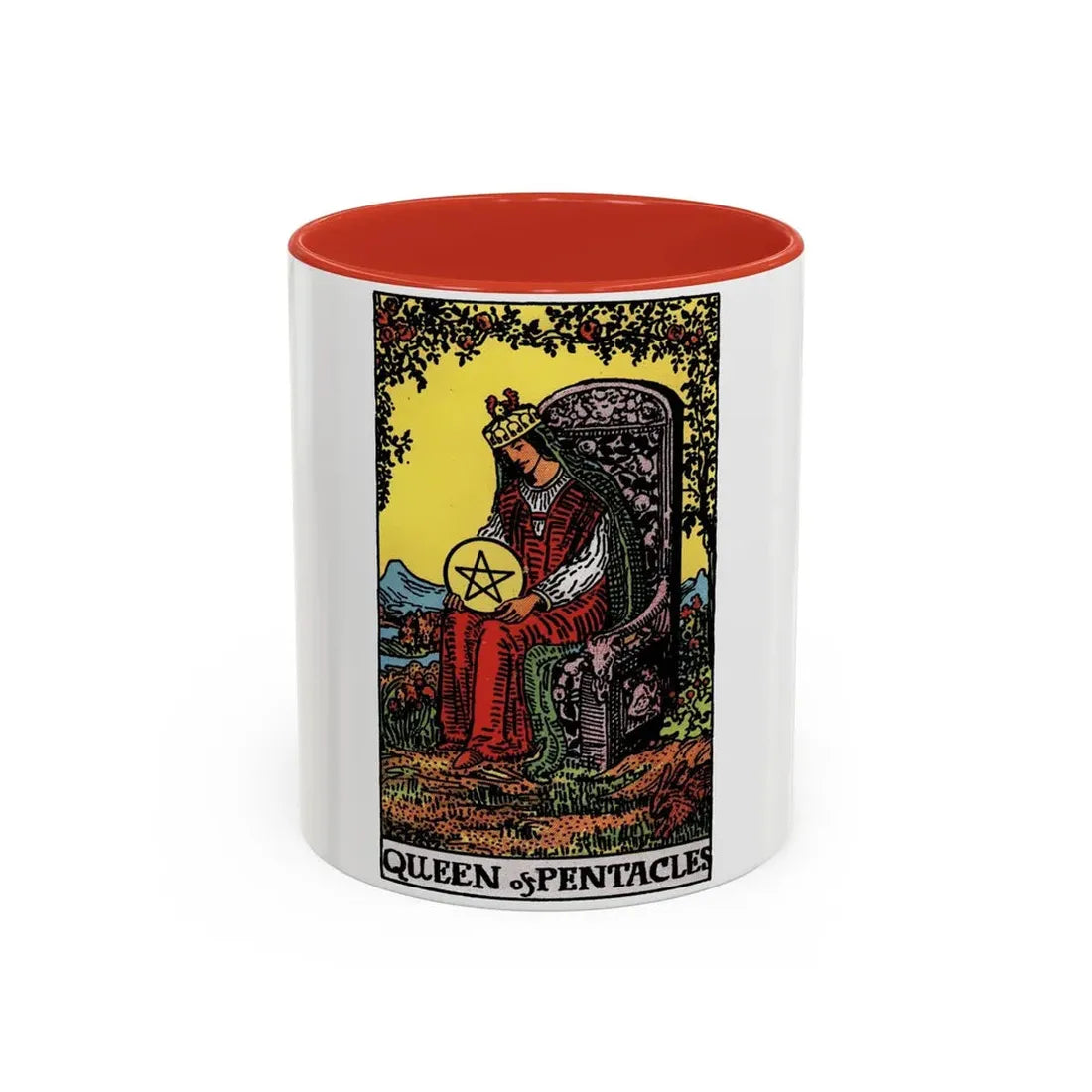 The Queen of Pentacles (Tarot Card) Accent Coffee Mug 11oz Red - Go Mug Yourself