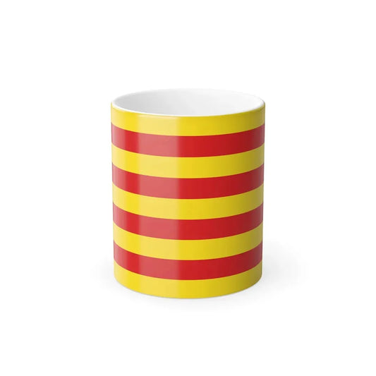 Flat design of nine horizontal bands alternating golden yellow and red, four red and five yellow.