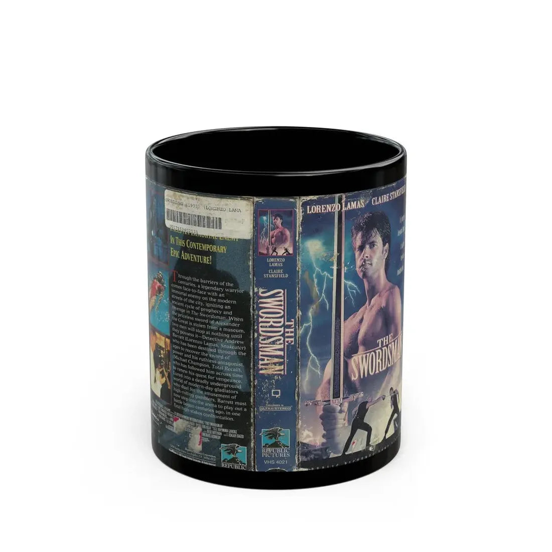 THE SWORDSMAN LORENZO LAMAS (VHS COVER) - Black Coffee Mug 11oz - Go Mug Yourself
