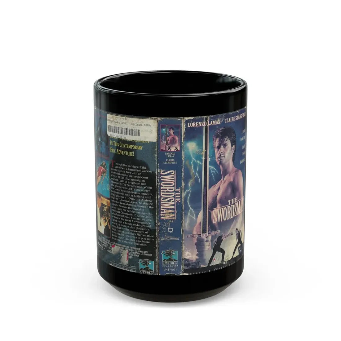 THE SWORDSMAN LORENZO LAMAS (VHS COVER) - Black Coffee Mug 15oz - Go Mug Yourself