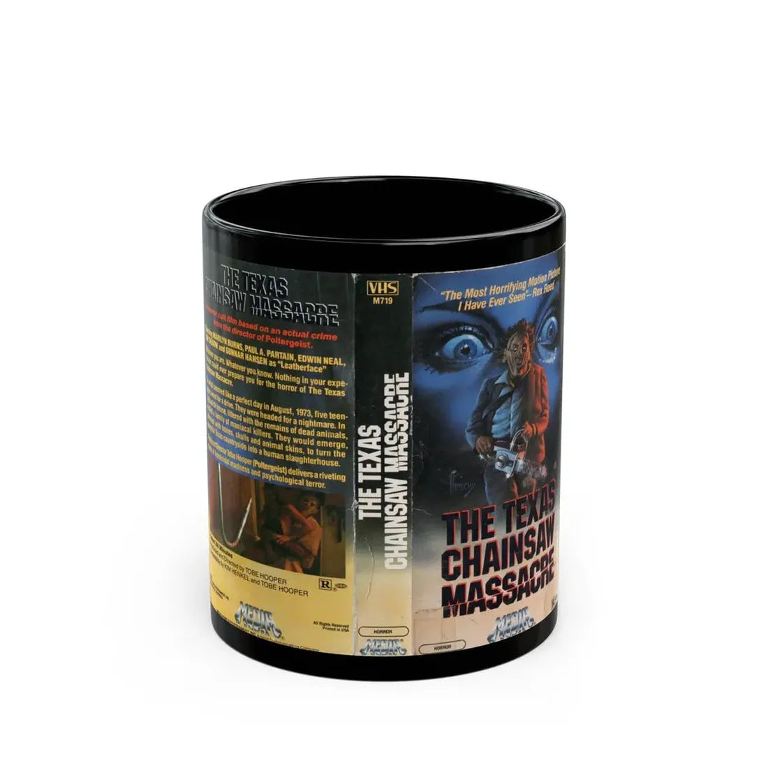 THE TEXAS CHAINSAW MASSACRE GUNNAR HANSEN (VHS COVER) - Black Coffee Mug 11oz - Go Mug Yourself