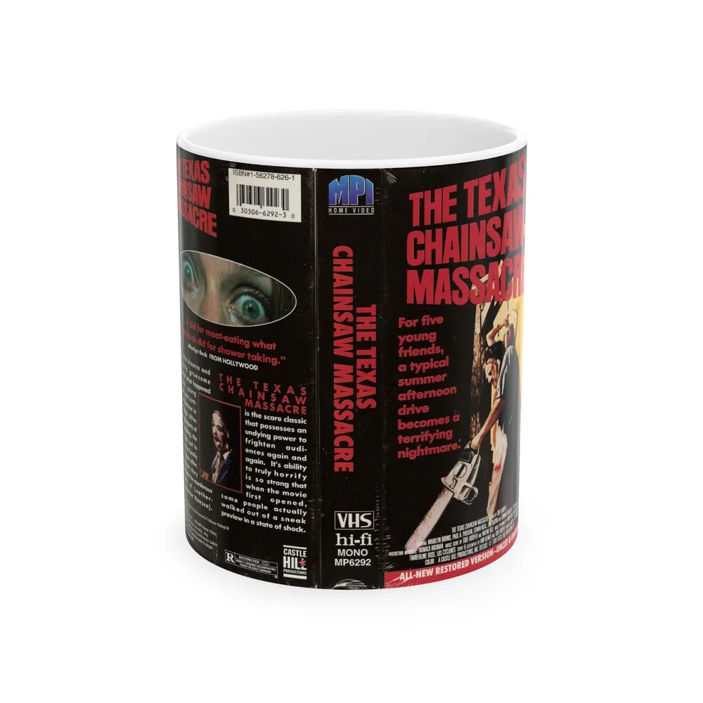 THE TEXAS CHAINSAW MASSACRE MPI HOME VIDEO (VHS COVER) - White Coffee Mug-11oz-Go Mug Yourself