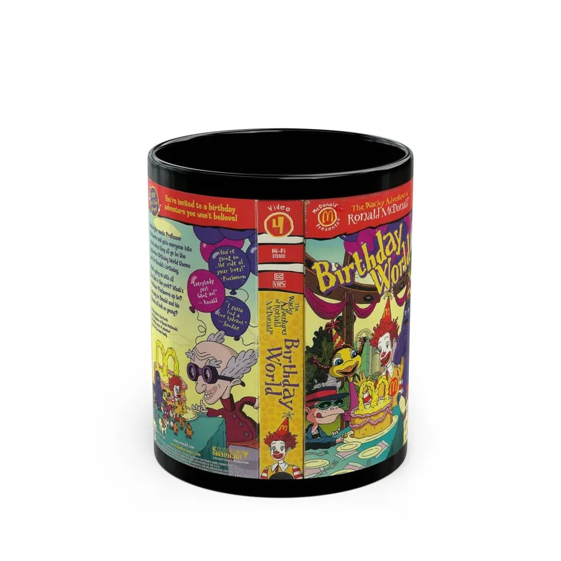 THE WACKY ADVENTURES OF RONALD MCDONALD BIRTHDAY WORLD CARTOON (VHS COVER) - Black Coffee Mug 11oz - Go Mug Yourself