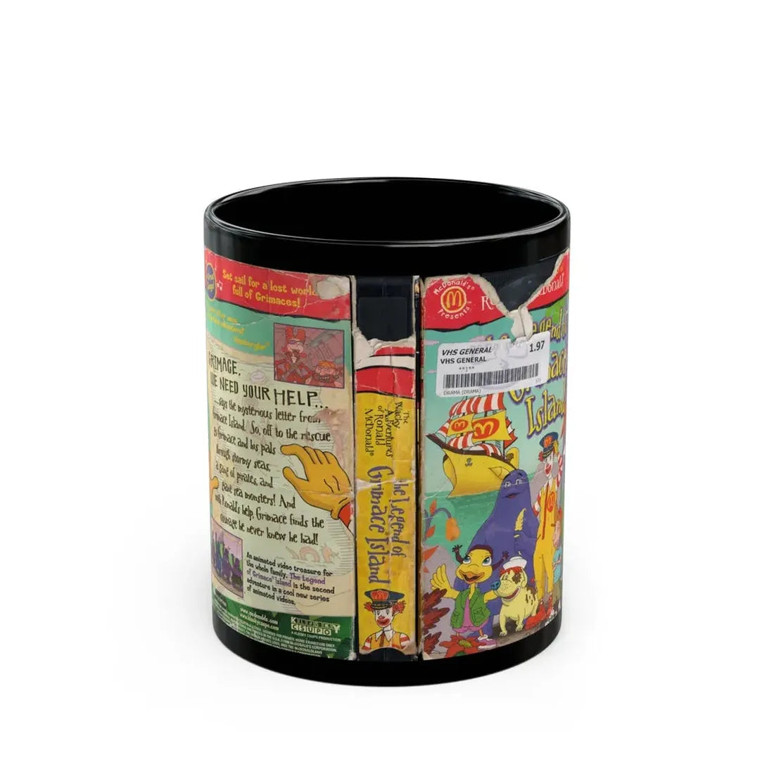 THE WACKY ADVENTURES OF RONALD MCDONALD THE LEGEND OF GRIMACE ISLAND (VHS COVER) - Black Coffee Mug 11oz - Go Mug Yourself