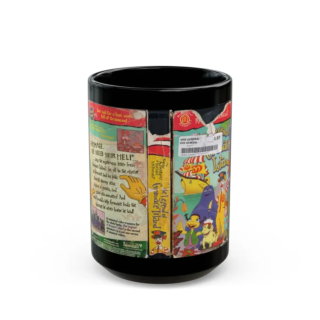 THE WACKY ADVENTURES OF RONALD MCDONALD THE LEGEND OF GRIMACE ISLAND (VHS COVER) - Black Coffee Mug 15oz - Go Mug Yourself
