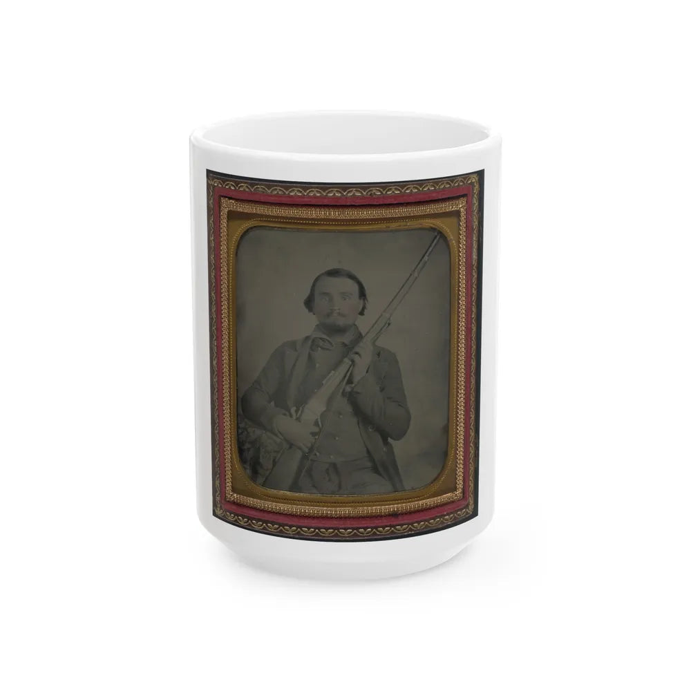 Third Lieutenant John Alphonso Beall Of Company D, 14th Texas Cavalry Regiment, With Berdan Sharps Rifle (U.S. Civil War) White Coffee Mug-15oz-Go Mug Yourself