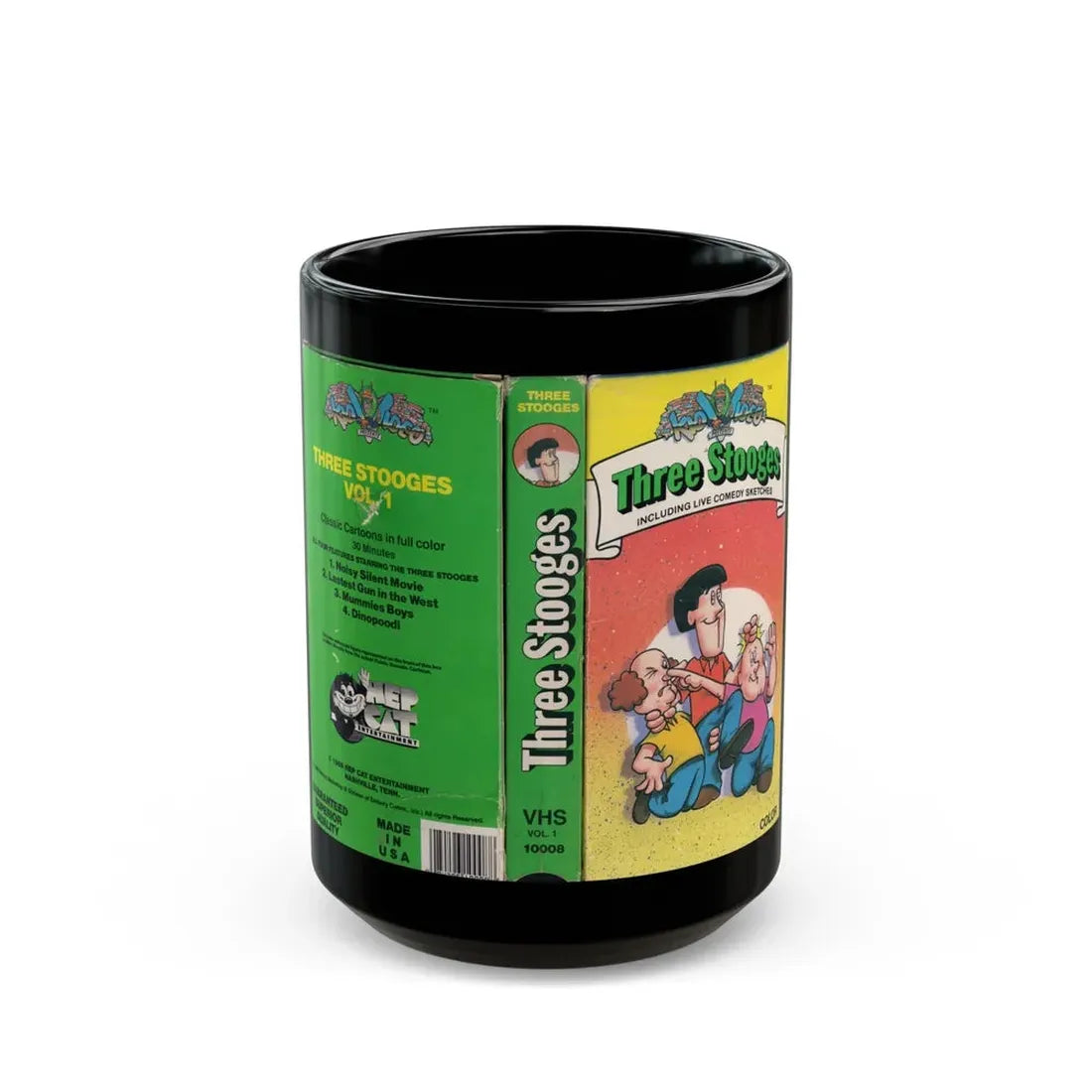 THREE STOOGES CARTOON VOLUME 1 (VHS COVER) - Black Coffee Mug 15oz - Go Mug Yourself