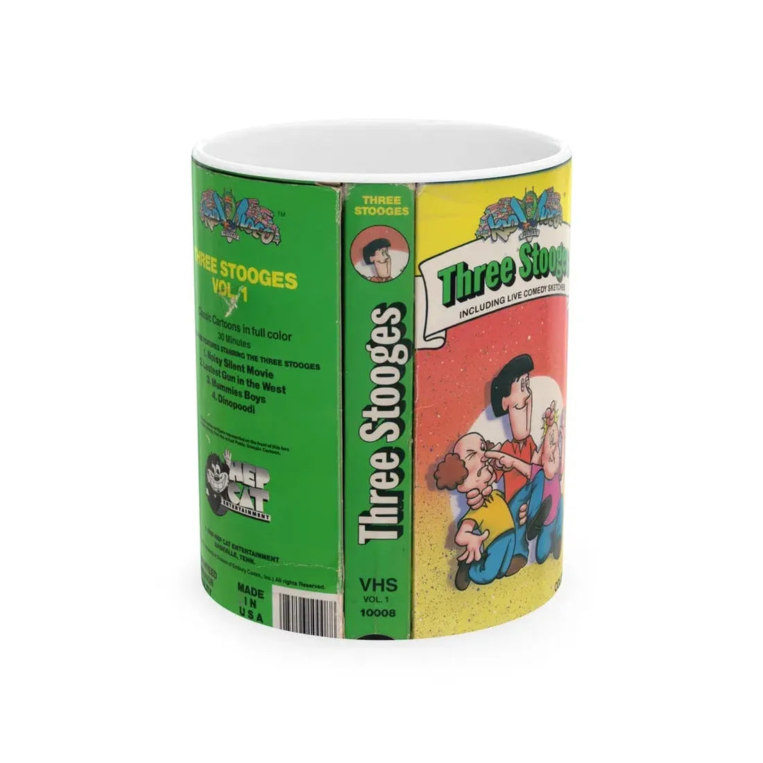 THREE STOOGES CARTOON VOLUME 1 (VHS COVER) - White Coffee Mug 11oz - Go Mug Yourself