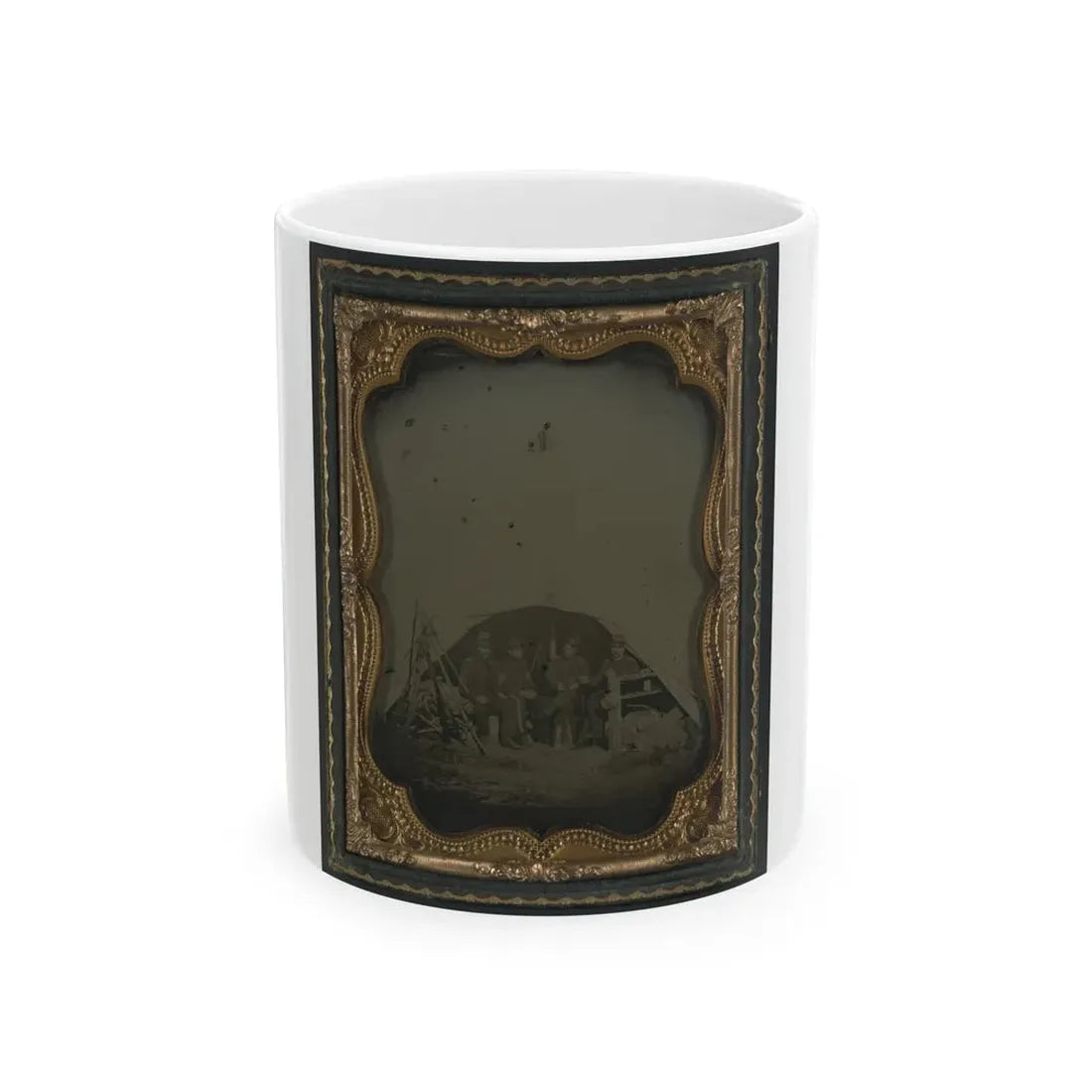 Three Unidentified Officers And A 1st Sergeant Of The 7th New Hampshire Infantry Regiment In Front Of A Sibley Tent (U.S. Civil War) White Coffee Mug 11oz - Go Mug Yourself