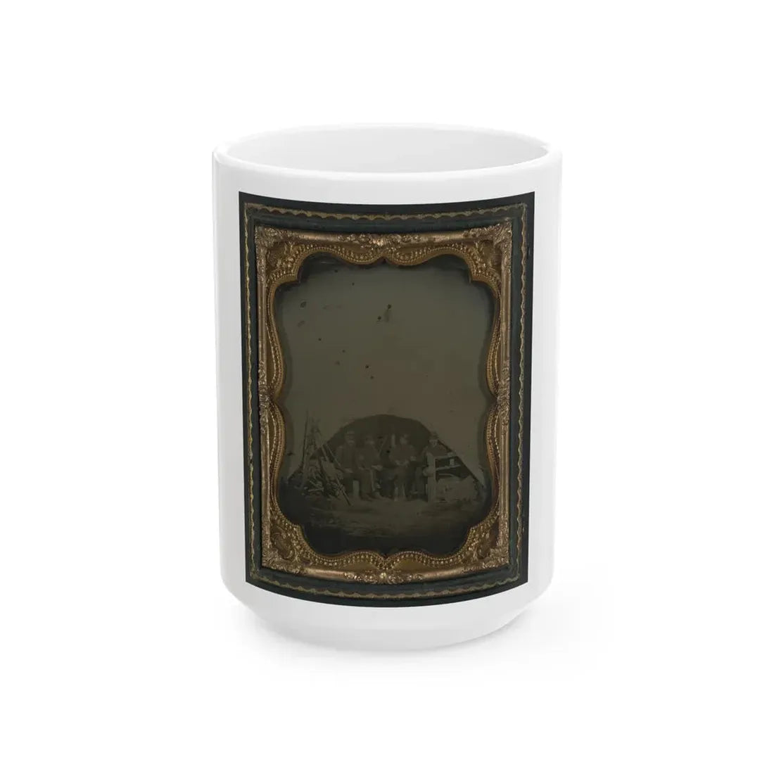 Three Unidentified Officers And A 1st Sergeant Of The 7th New Hampshire Infantry Regiment In Front Of A Sibley Tent (U.S. Civil War) White Coffee Mug 15oz - Go Mug Yourself