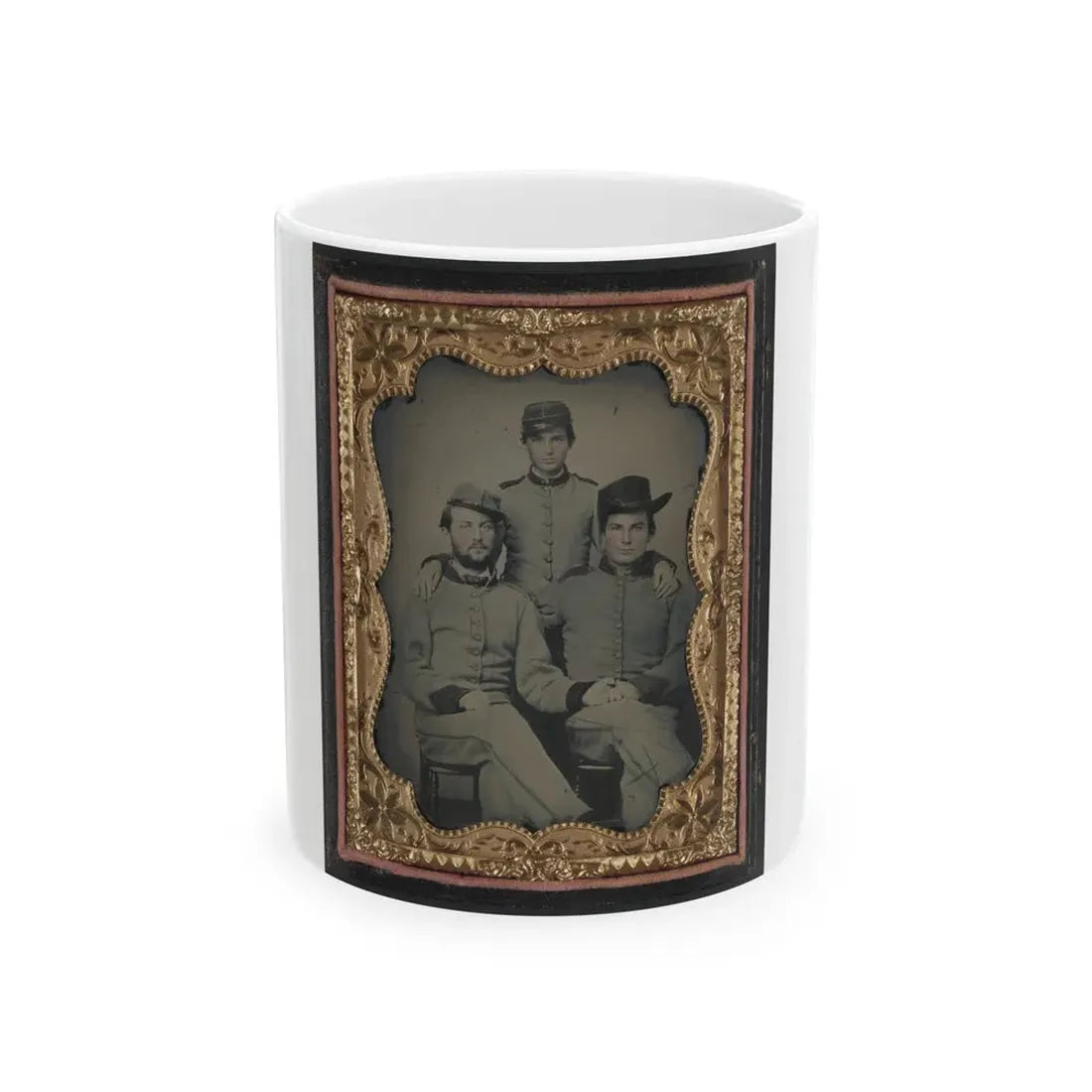 Three Unidentified Soldiers In Confederate Artillerymen Uniforms (U.S. Civil War) White Coffee Mug 11oz - Go Mug Yourself