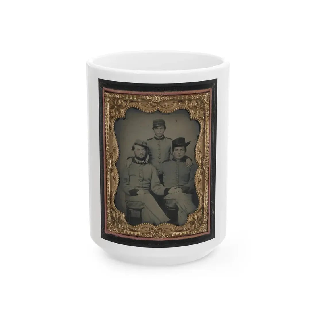 Three Unidentified Soldiers In Confederate Artillerymen Uniforms (U.S. Civil War) White Coffee Mug 15oz - Go Mug Yourself