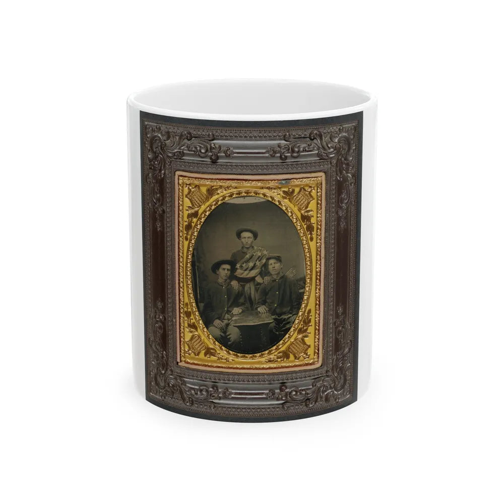 Three Unidentified Soldiers In Front Of Painted Backdrop Showing 34-Star American Flag (U.S. Civil War) White Coffee Mug-11oz-Go Mug Yourself