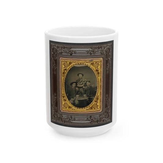 Three Unidentified Soldiers In Front Of Painted Backdrop Showing 34-Star American Flag (U.S. Civil War) White Coffee Mug-15oz-Go Mug Yourself