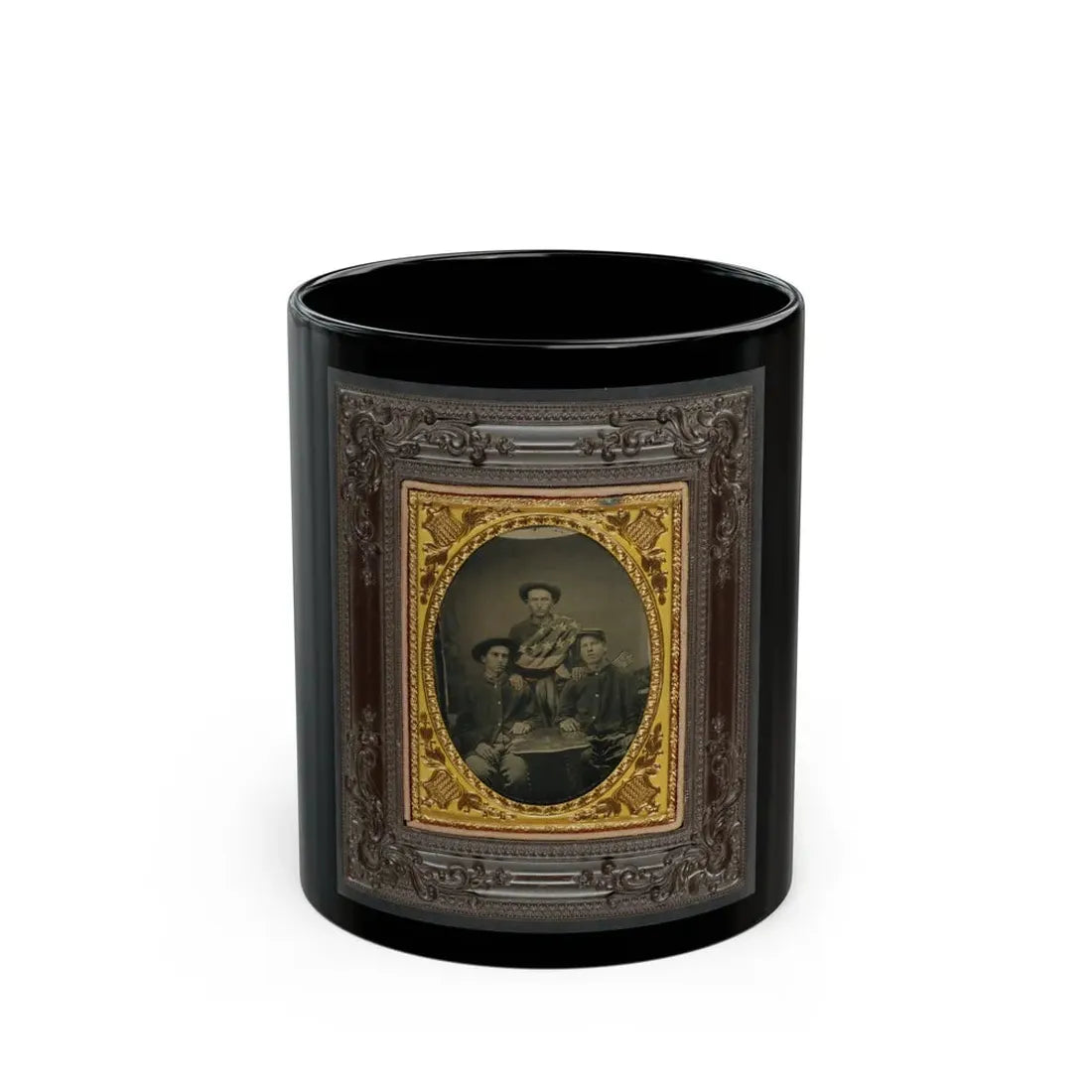Three Unidentified Soldiers In Front Of Painted Backdrop Showing 34-Star American Flag (U.S. Civil War) Black Coffee Mug 11oz - Go Mug Yourself