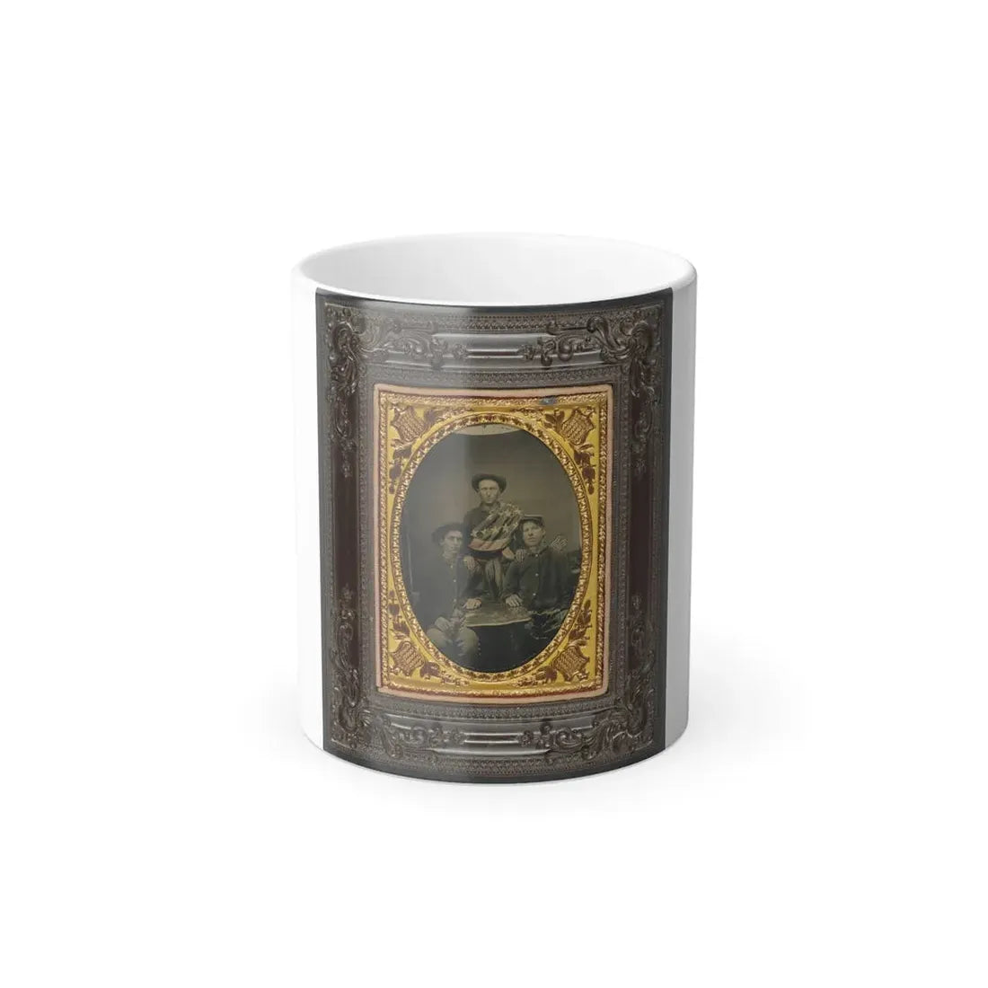 Three Unidentified Soldiers in Front of Painted Backdrop Showing 34-Star American Flag (U.S. Civil War) Color Changing Coffee Mug 11oz - Go Mug Yourself