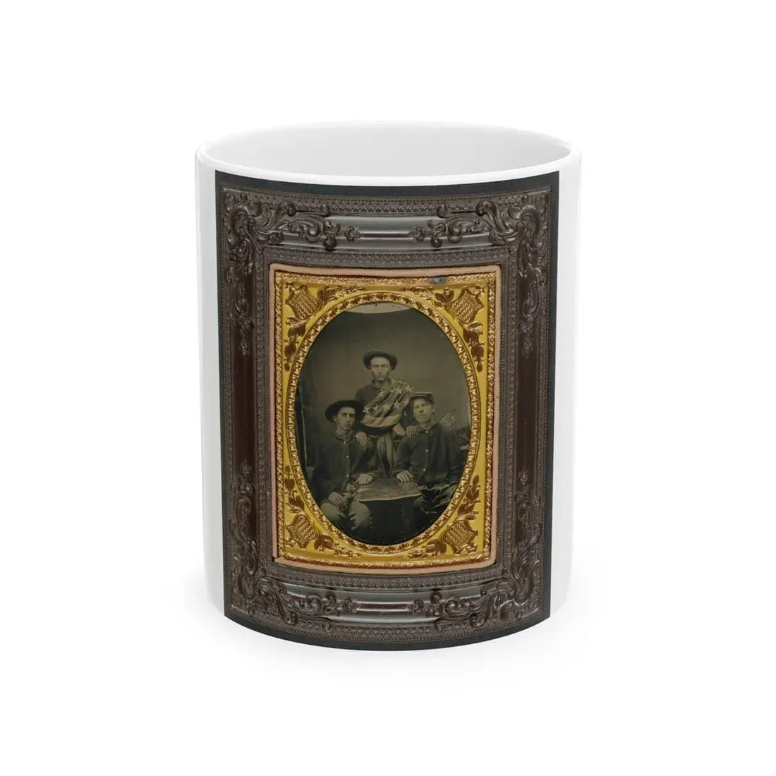 Three Unidentified Soldiers In Front Of Painted Backdrop Showing 34-Star American Flag (U.S. Civil War) White Coffee Mug 11oz - Go Mug Yourself