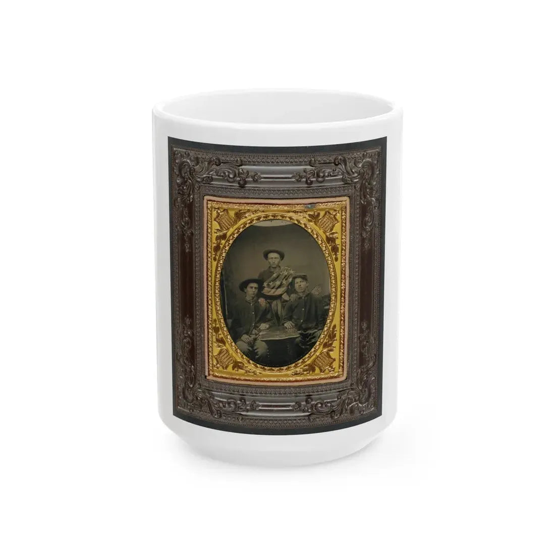 Three Unidentified Soldiers In Front Of Painted Backdrop Showing 34-Star American Flag (U.S. Civil War) White Coffee Mug 15oz - Go Mug Yourself