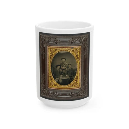 Three Unidentified Soldiers In Front Of Painted Backdrop Showing 34-Star American Flag (U.S. Civil War) White Coffee Mug 15oz - Go Mug Yourself