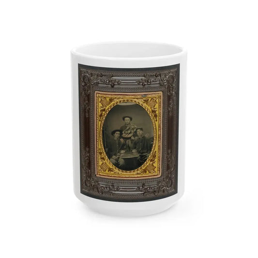 Three Unidentified Soldiers In Front Of Painted Backdrop Showing 34-Star American Flag (U.S. Civil War) White Coffee Mug 15oz - Go Mug Yourself
