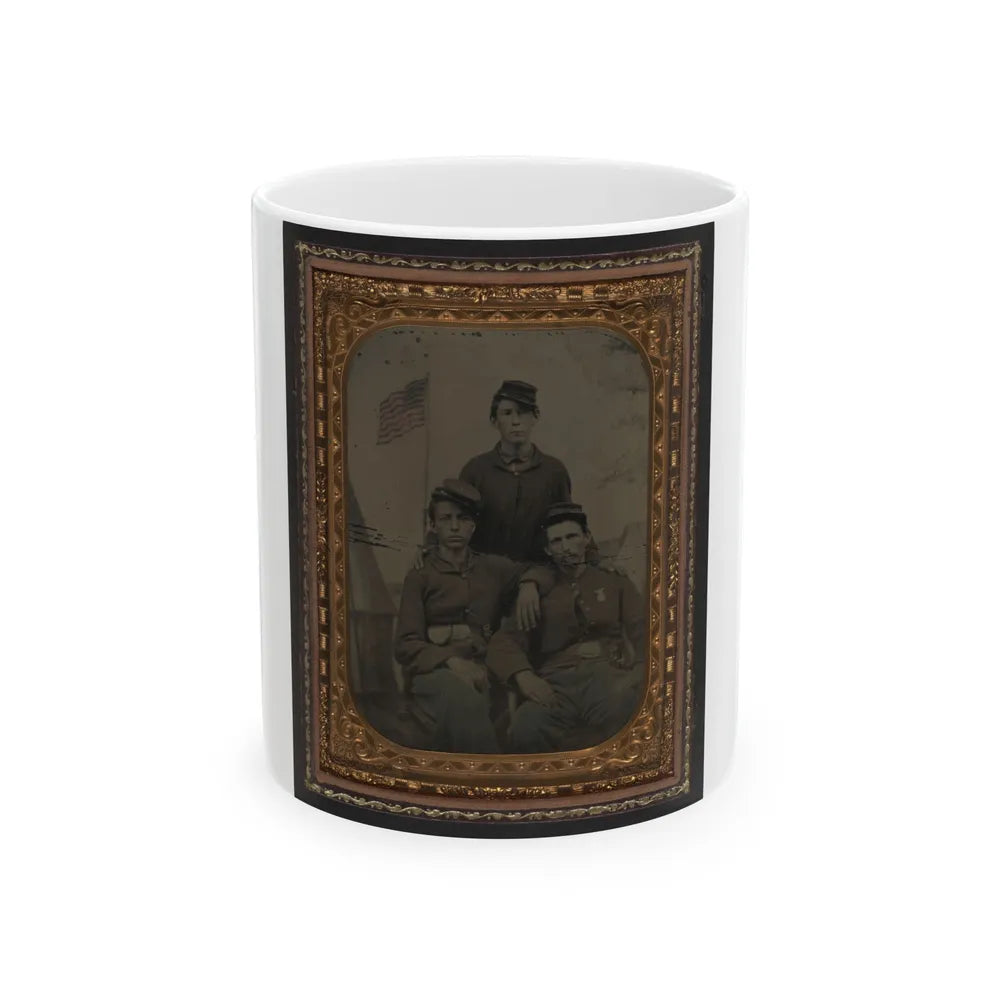 Three Unidentified Soldiers In Union Uniform In Front Of Painted Military Camp Scene Backdrop (U.S. Civil War) White Coffee Mug-11oz-Go Mug Yourself