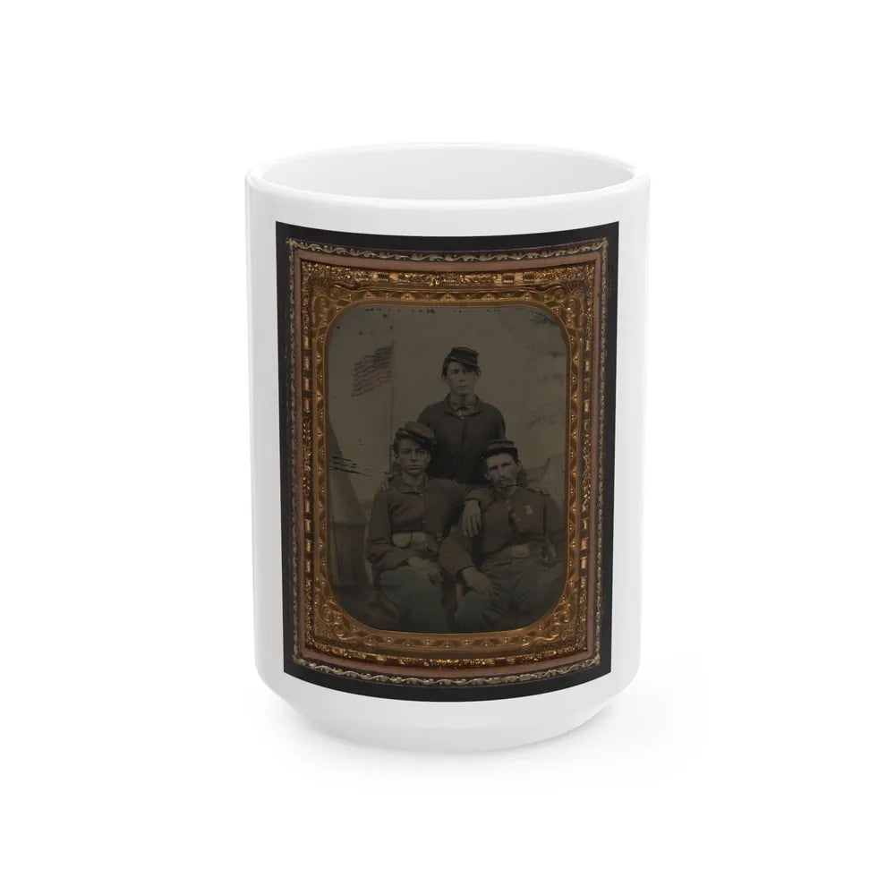 Three Unidentified Soldiers In Union Uniform In Front Of Painted Military Camp Scene Backdrop (U.S. Civil War) White Coffee Mug-15oz-Go Mug Yourself