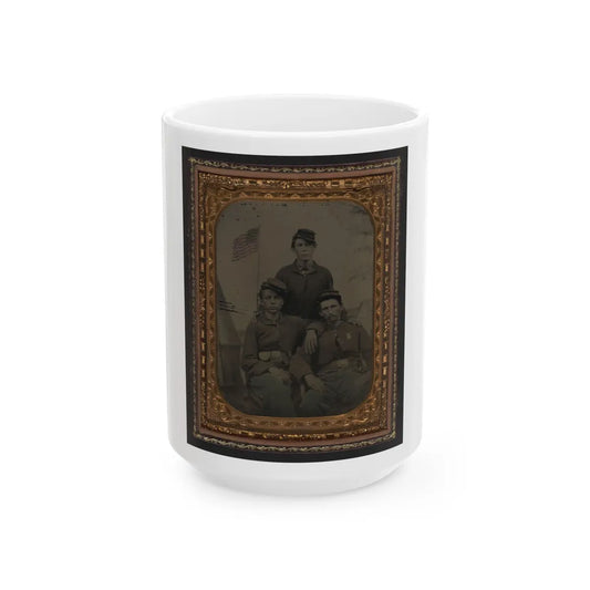 Three Unidentified Soldiers In Union Uniform In Front Of Painted Military Camp Scene Backdrop (U.S. Civil War) White Coffee Mug-15oz-Go Mug Yourself