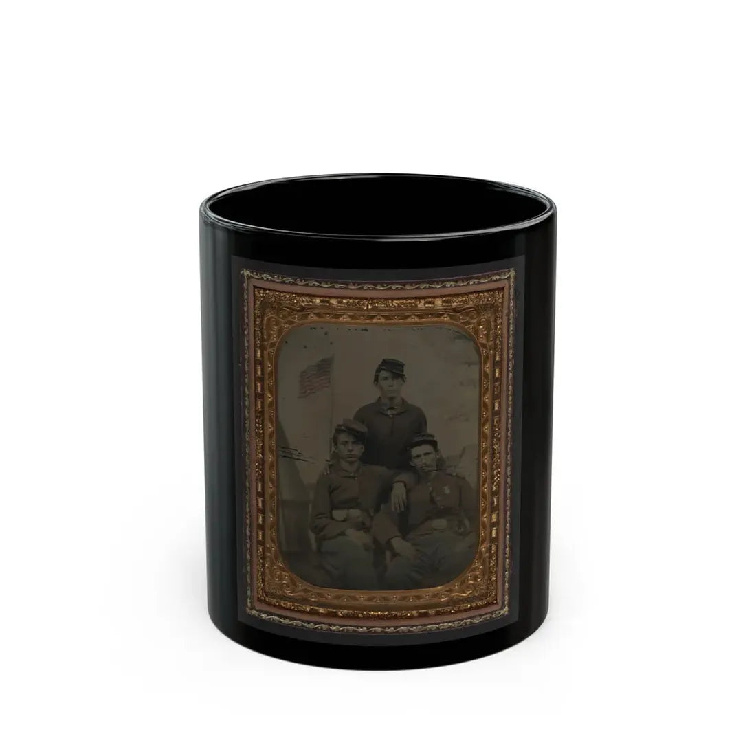 Three Unidentified Soldiers In Union Uniform In Front Of Painted Military Camp Scene Backdrop (U.S. Civil War) Black Coffee Mug 11oz - Go Mug Yourself