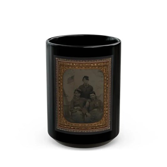 Three Unidentified Soldiers In Union Uniform In Front Of Painted Military Camp Scene Backdrop (U.S. Civil War) Black Coffee Mug 15oz - Go Mug Yourself