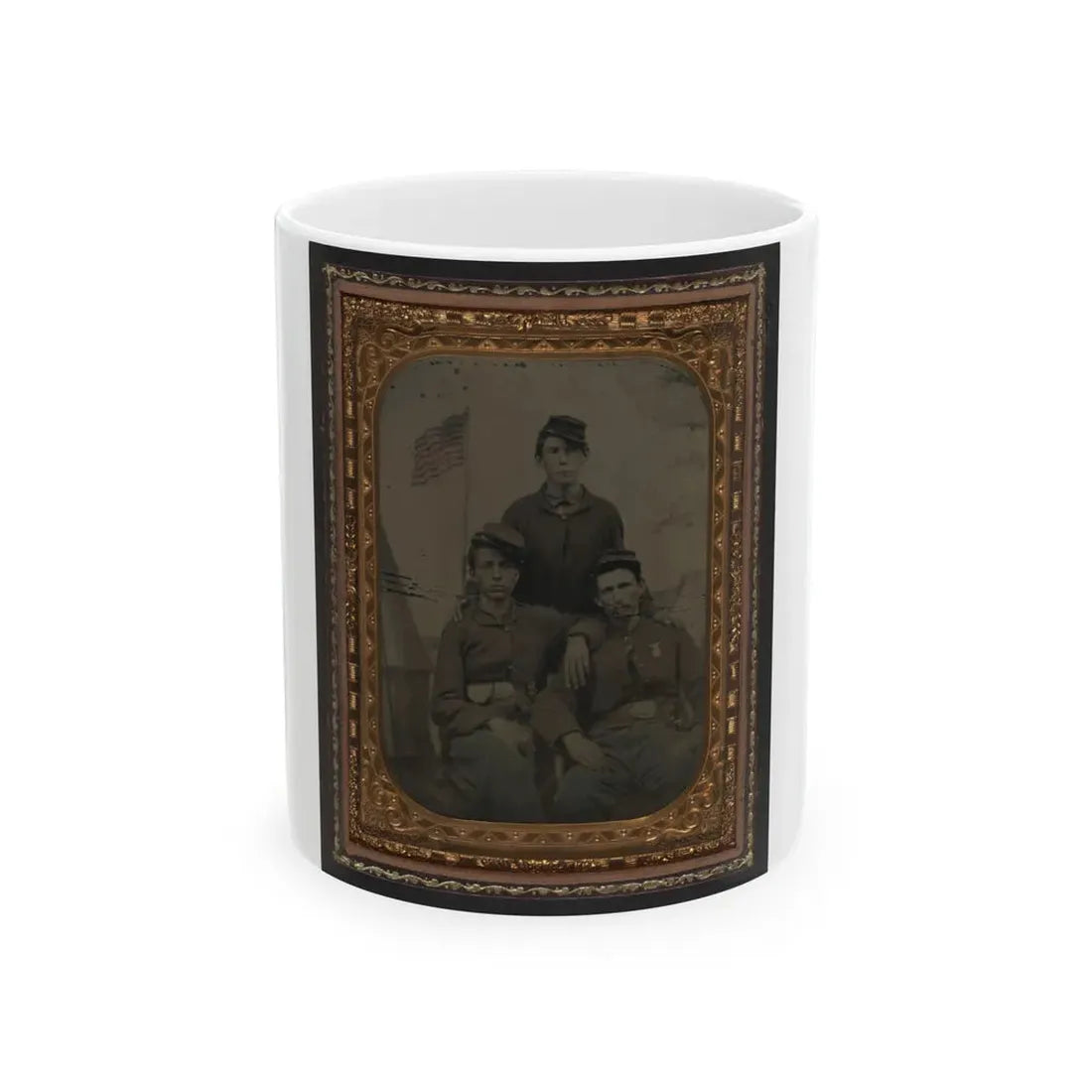 Three Unidentified Soldiers In Union Uniform In Front Of Painted Military Camp Scene Backdrop (U.S. Civil War) White Coffee Mug 11oz - Go Mug Yourself