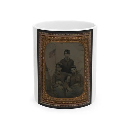 Three Unidentified Soldiers In Union Uniform In Front Of Painted Military Camp Scene Backdrop (U.S. Civil War) White Coffee Mug 11oz - Go Mug Yourself