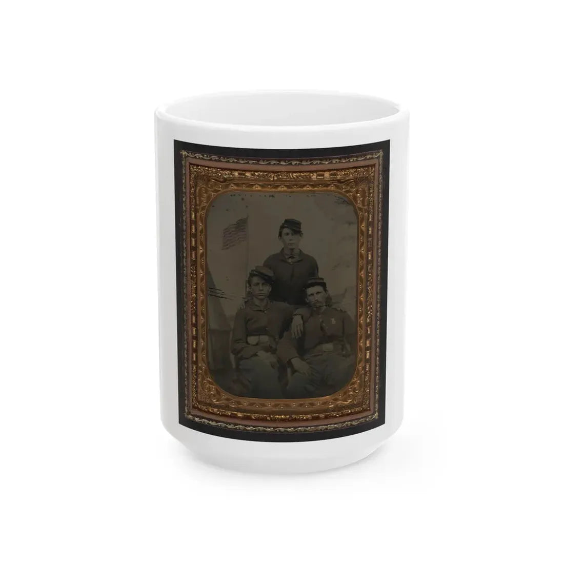 Three Unidentified Soldiers In Union Uniform In Front Of Painted Military Camp Scene Backdrop (U.S. Civil War) White Coffee Mug 15oz - Go Mug Yourself