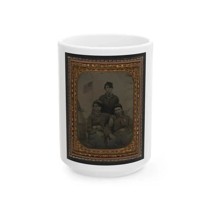 Three Unidentified Soldiers In Union Uniform In Front Of Painted Military Camp Scene Backdrop (U.S. Civil War) White Coffee Mug 15oz - Go Mug Yourself