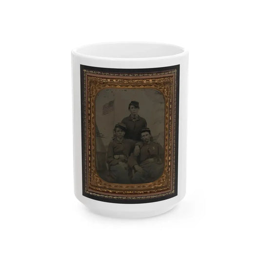 Three Unidentified Soldiers In Union Uniform In Front Of Painted Military Camp Scene Backdrop (U.S. Civil War) White Coffee Mug 15oz - Go Mug Yourself
