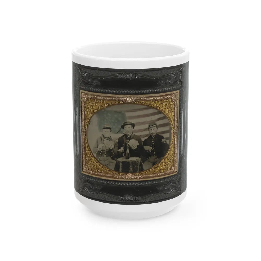 Three Unidentified Soldiers Playing Cards, Smoking, And Drinking In Front Of American Flag (U.S. Civil War) White Coffee Mug-15oz-Go Mug Yourself