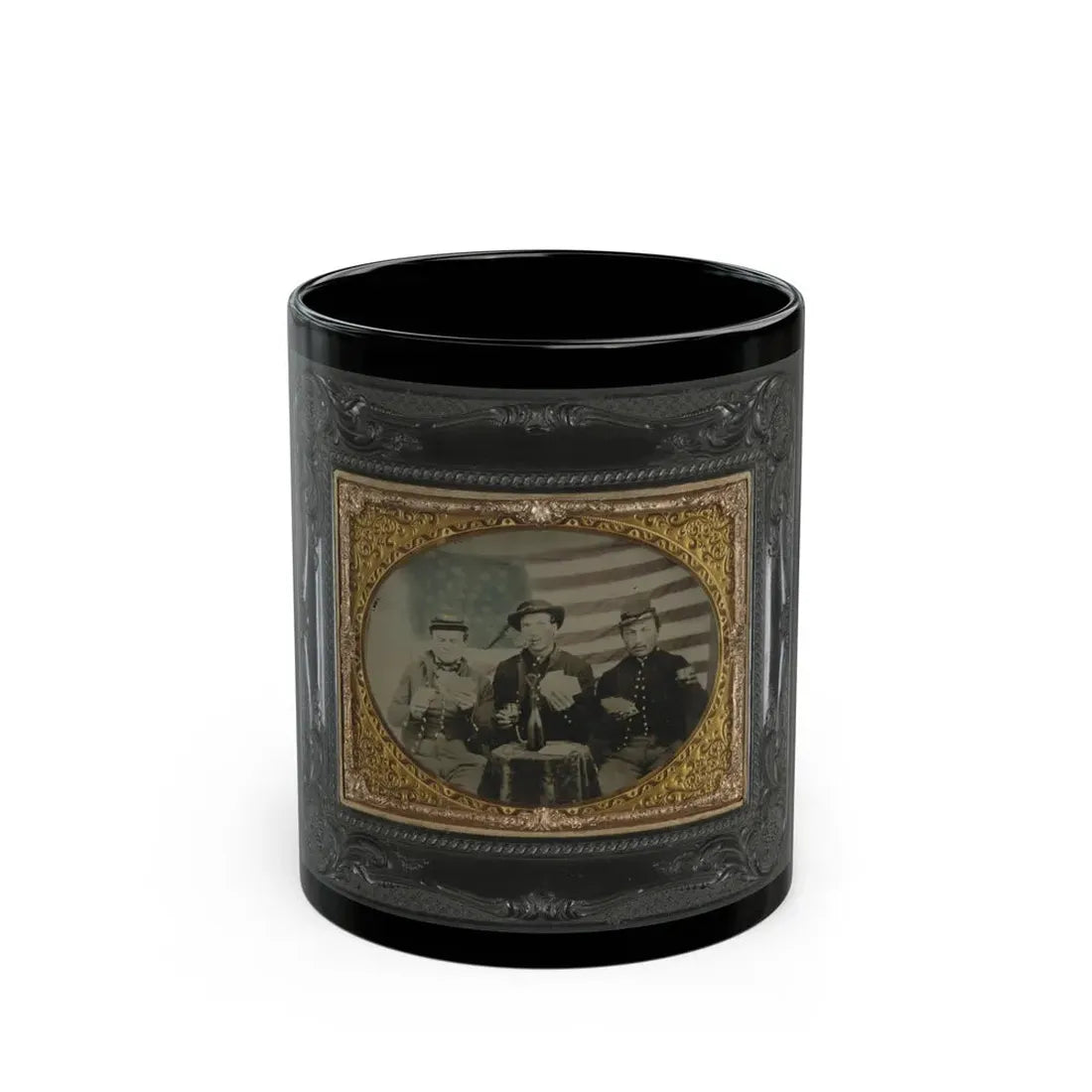 Three Unidentified Soldiers Playing Cards, Smoking, And Drinking In Front Of American Flag (U.S. Civil War) Black Coffee Mug 11oz - Go Mug Yourself