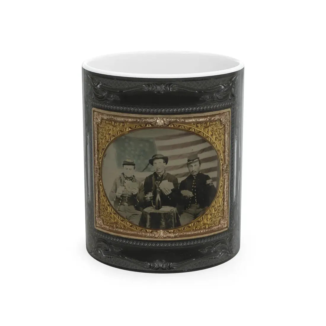 Three Unidentified Soldiers Playing Cards, Smoking, And Drinking In Front Of American Flag (U.S. Civil War) White Coffee Mug 11oz - Go Mug Yourself