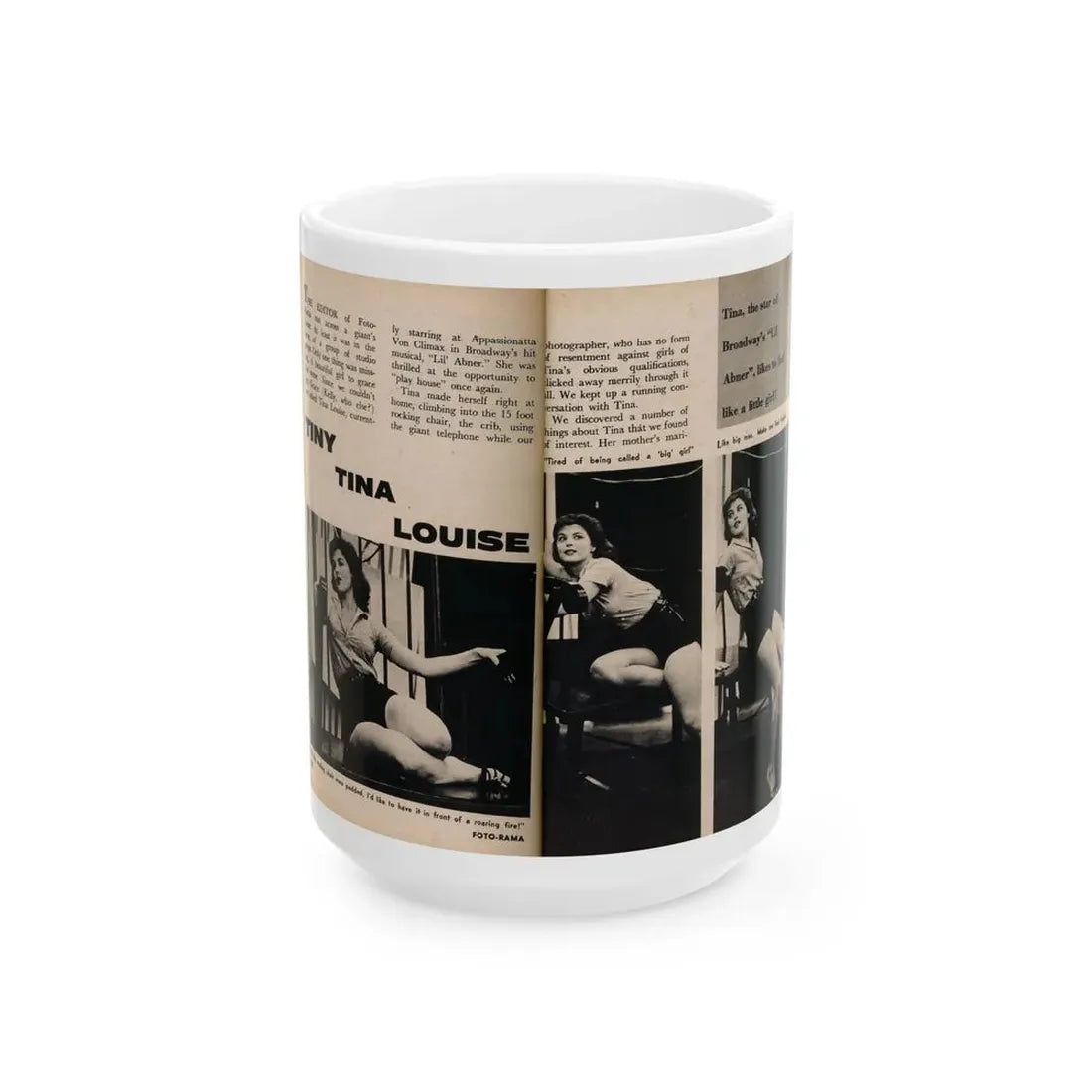 Tina Louise #131 - 2 Pages, 3 B&W Photos, Short Article & Captions from Foto-rama Digest Mag. May '58 (Vintage Female Icon) White Coffee Mug 15oz - Go Mug Yourself