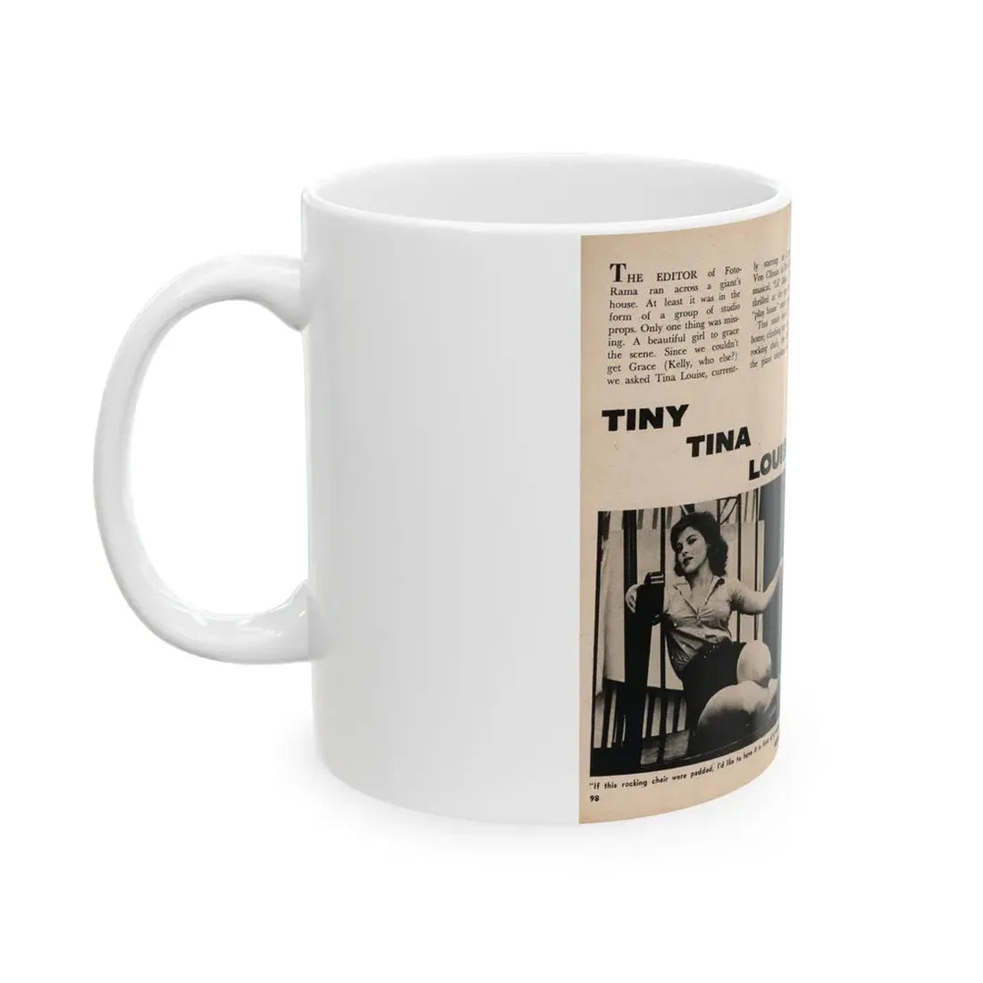Tina Louise #131 - 2 Pages, 3 B&W Photos, Short Article & Captions from Foto-rama Digest Mag. May '58 (Vintage Female Icon) White Coffee Mug - Go Mug Yourself