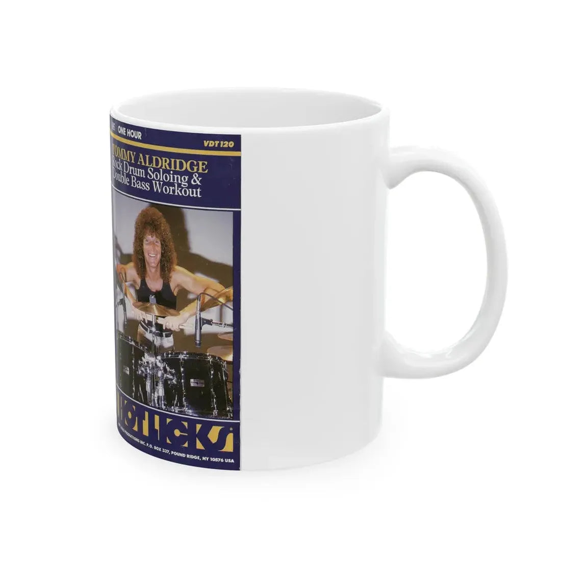 TOMMY ALDRIDGE ROCK DRUM SOLOING AND DOUBLE BASS WORKOUT (VHS COVER) - White Coffee Mug - Go Mug Yourself