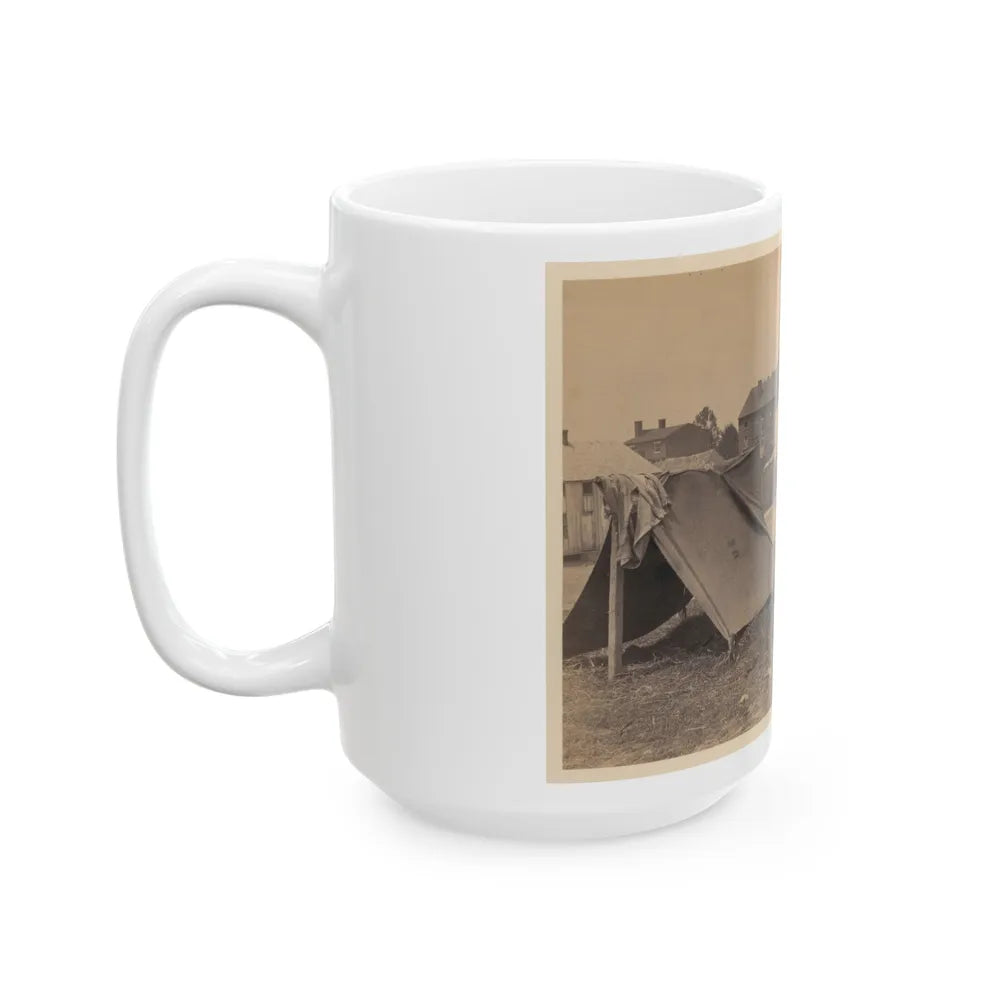 Two Small Tents, With Wood Frame Buildings In The Background (U.S. Civil War) White Coffee Mug-Go Mug Yourself