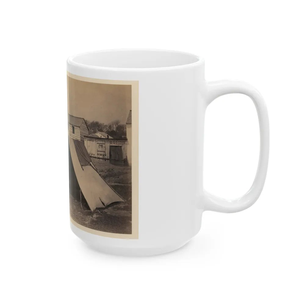 Two Small Tents, With Wood Frame Buildings In The Background (U.S. Civil War) White Coffee Mug-Go Mug Yourself